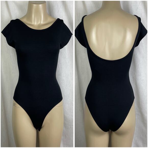 Forever 21 Low Scoop Back Short Sleeve Bodysuit Balletcore Romantic Black NWT XS - Picture 1 of 16